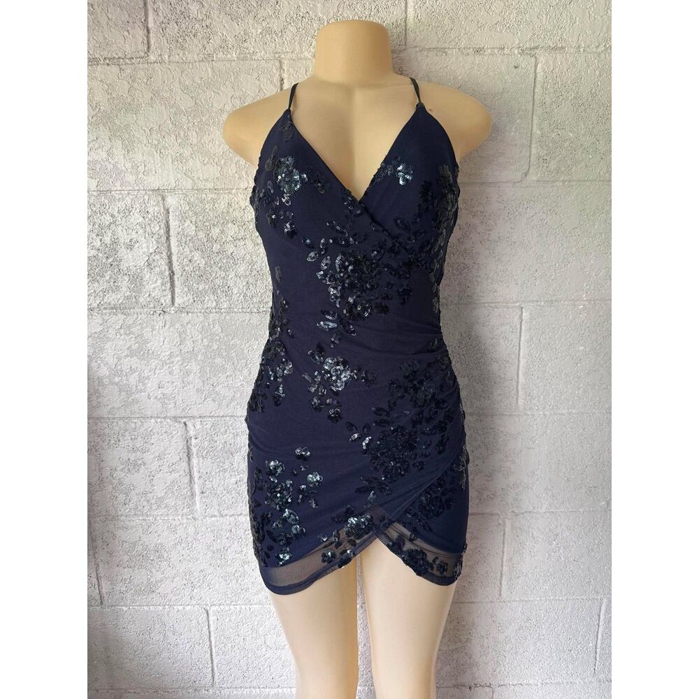 Speechless Navy Blue Sequin Floral Mini Dress – Size 3